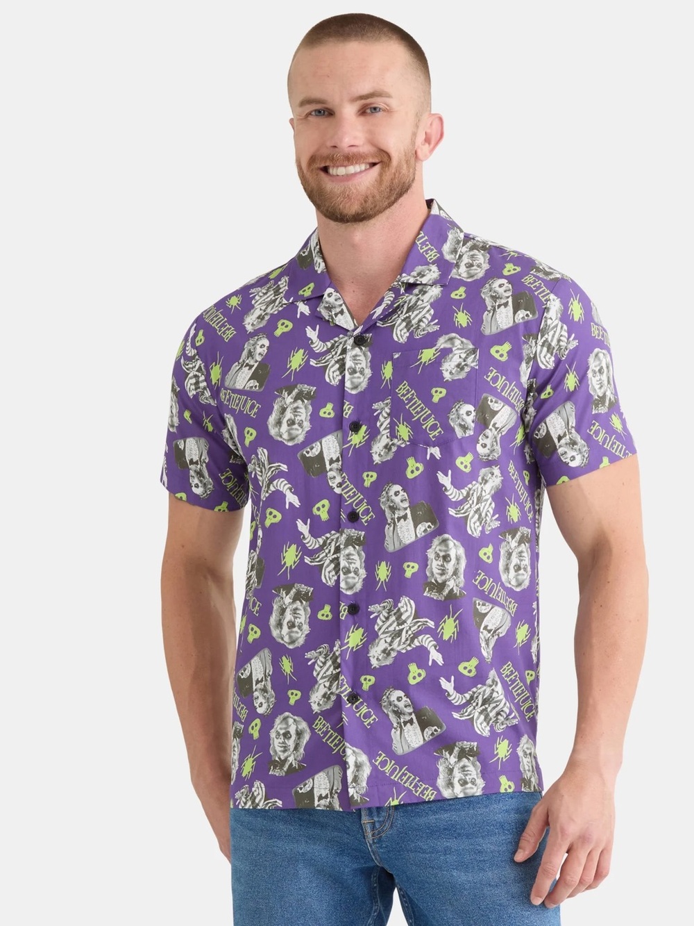 Purple Beetlejuice Print Short-Sleeve Button Shirt